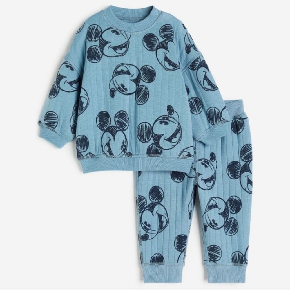 H&M Disney 6-9 M Blue Plush Quilted Mickey Mouse 2-Piece Set Sweatshirt Pants